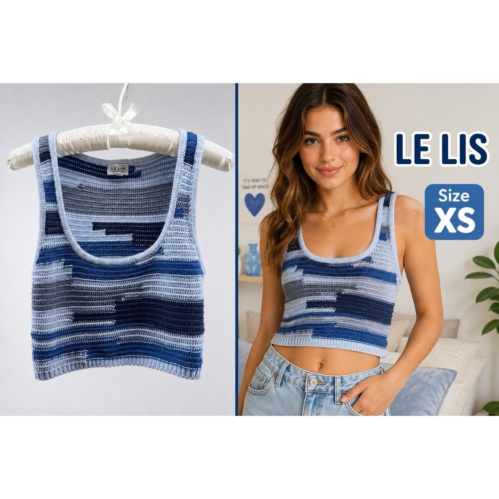 LE LIS Collection XS Blue Striped Crochet Knit Crop Tank Top Rave Festival Boho